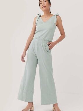 Pact Organic Cotton Jumpsuit Wide Leg Tie Strap Green Size Large
